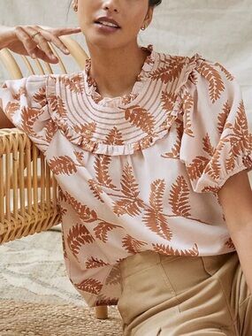 Current Air Anthropologie Smocked Collar Ruffle Top Blouse Puff Sleeve M